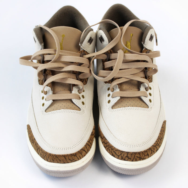 Looped Laces Latte light brown flat shoelaces tied in Air Jordan 3 Palomino pair