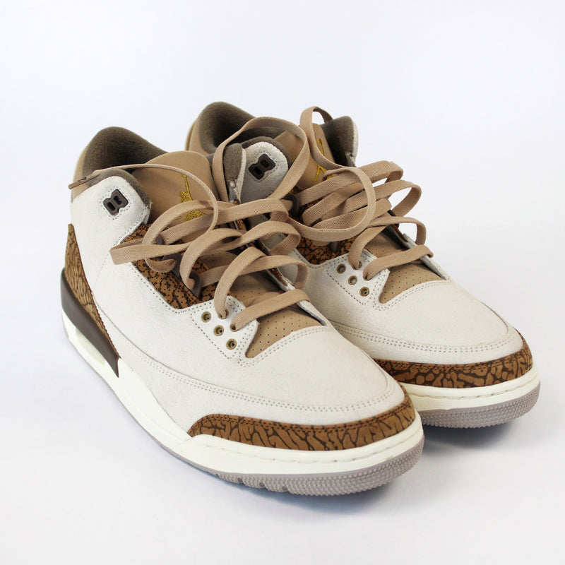 Looped Laces Latte light brown flat shoelaces tied in Air Jordan 3 Palomino pair tilted to side