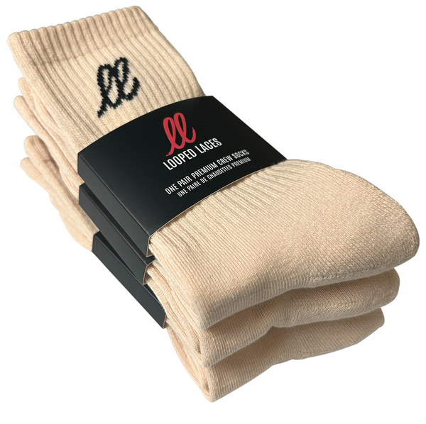   Looped Laces 3 pack of Nike style crew socks in cream in brand packaging