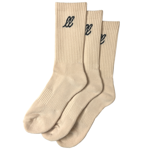 Looped Laces 3 pack of Nike style crew socks in cream stacked