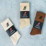  Looped Laces Near-Neutral Crew Socks in Comfort Cream, Soft Sand and Cozy Cocoa in packaging