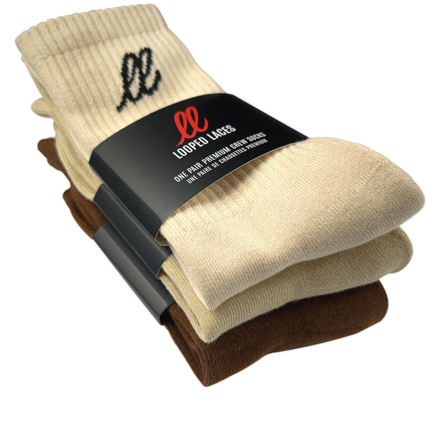   Looped Laces 3 pack of Nike style crew socks in cream tan and chocolate brown in brand packaging