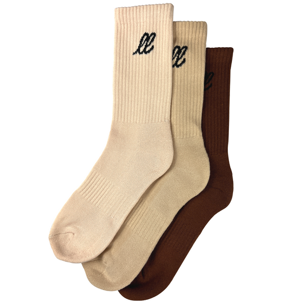 Looped Laces 3 pack of Nike style crew socks in cream tan and chocolate brown stacked