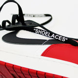 Looped Laces Black off-white style shoelaces in quotes in Air Jordan 1 Low Black Toe on white background