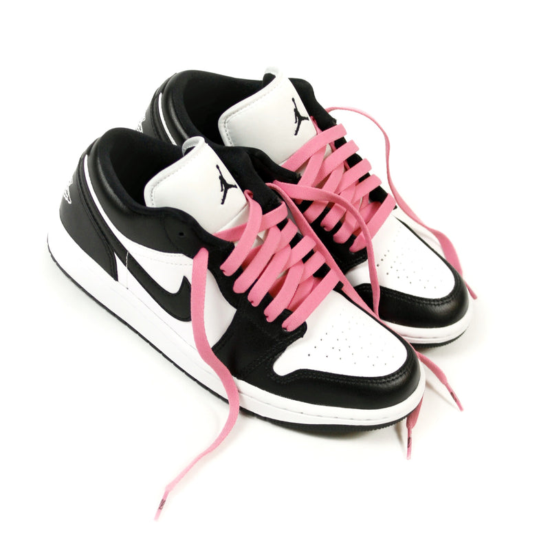 Looped Laces Bubblegum light pink flat shoelaces tied in Air Jordan 1 Low Panda sneaker