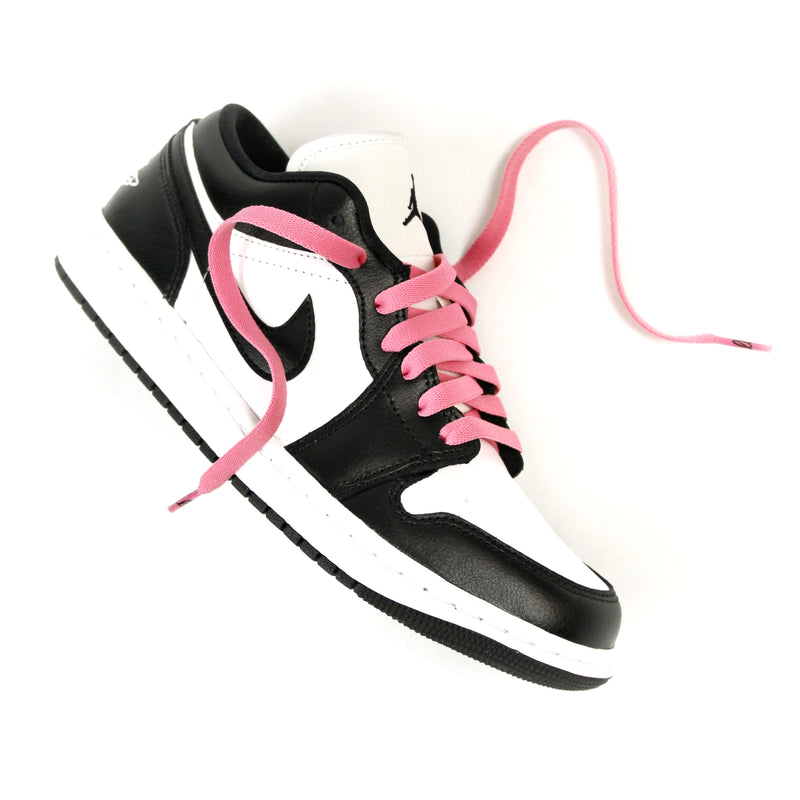Looped Laces Bubblegum light pink flat shoelaces tied in a single Air Jordan 1 Low Panda sneaker