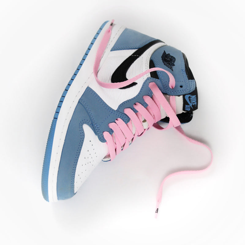 Looped Laces Cactus Pink flat shoelaces tied in a single Air Jordan 1 University Blue sneaker
