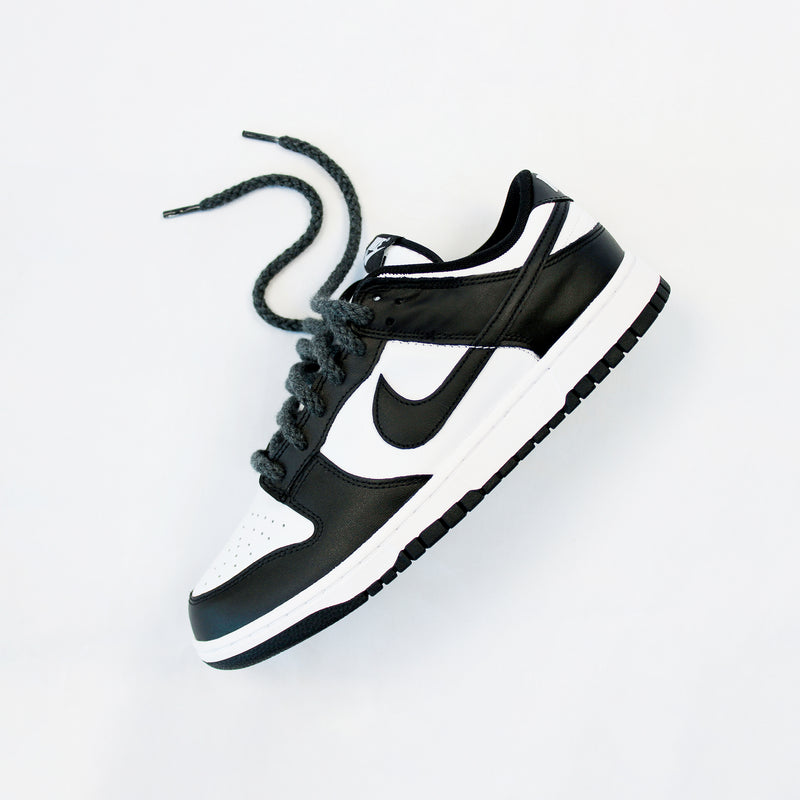Looped Laces Charcoal Grey rope shoelaces in Nike Panda Dunk on white background
