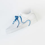 Looped Laces Cobalt Blue flat shoelaces in Nike Air Force 1 all white sneaker on white background