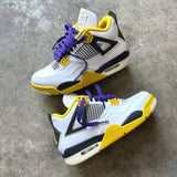 Looped Laces Court Purple flat shoelaces tied in pair of Air Jordan 4 Vivid Sulfur sneakers
