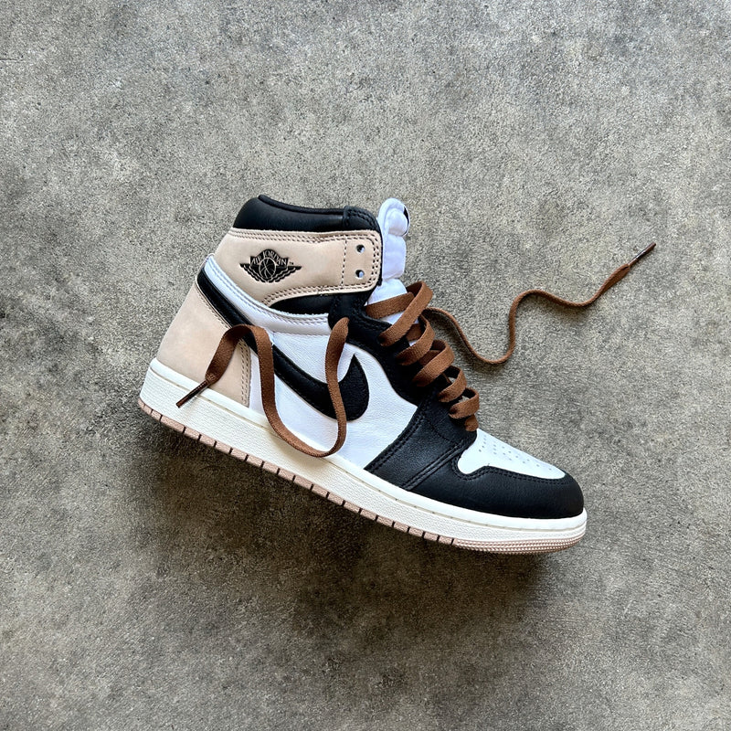 Looped Laces Dark Mocha brown flat shoelaces tied in one Air Jordan 1 High Latte sneaker
