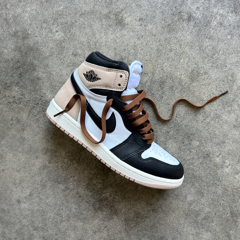Looped Laces Dark Mocha brown flat shoelaces tied in one Air Jordan 1 High Latte sneaker slanted