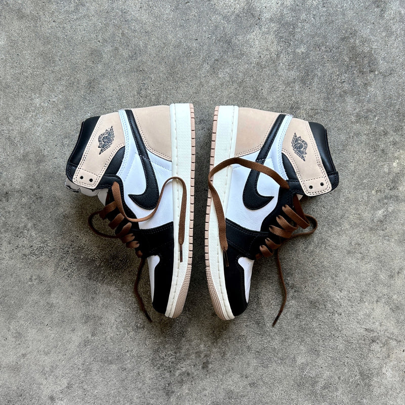 Looped Laces Dark Mocha brown flat shoelaces tied in a pair of Air Jordan 1 High Latte sneakers