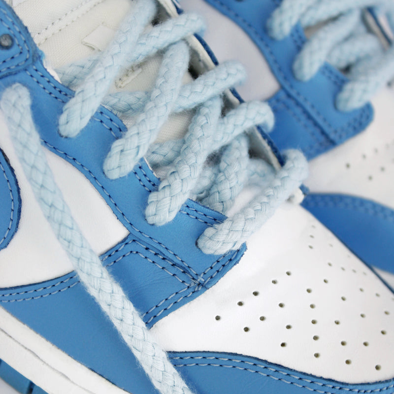 Looped Laces Light Blue Rope Shoelaces tied in Nike Dunk UNC Blue sneaker close up