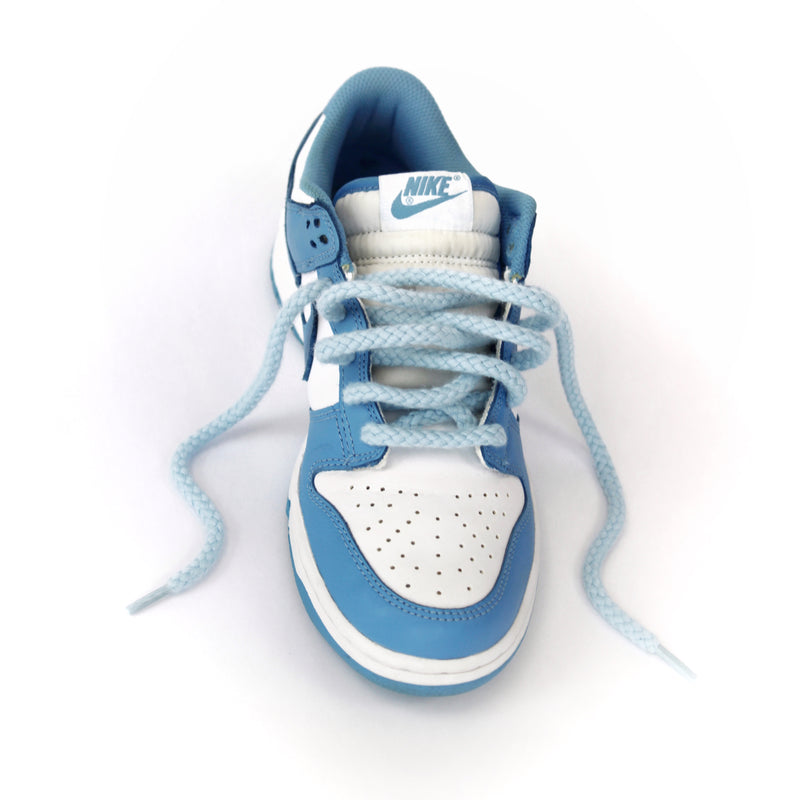 Looped Laces Light Blue Rope Shoelaces tied in a single Nike Dunk UNC Blue sneaker