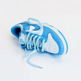Looped Laces Light Blue thick rope shoelaces in Nike Dunk UNC Blue sneaker on white background with close up on laces