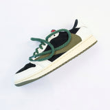 Looped Laces Olive Green rope shoelaces in Air Jordan 1 Low x Travis Scott Olive sneaker on white background