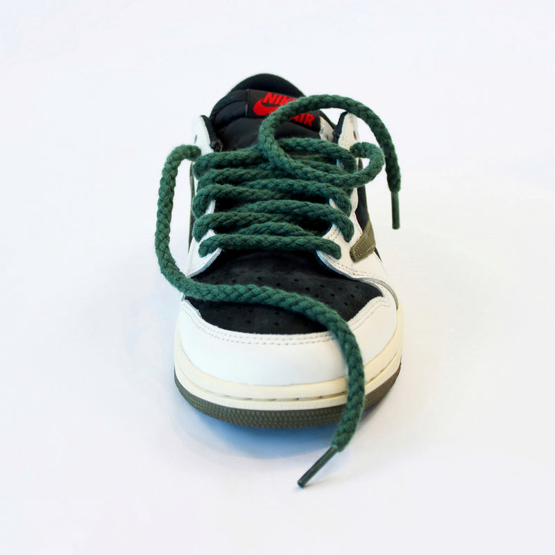 Looped Laces Olive Green thick rope shoelaces in Air Jordan 1 Low x Travis Scott Olive sneaker on white background with front view