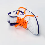 Looped Laces Orange Blaze flat shoelaces in Air Jordan 1 High Court Purple on white background with close up on laces