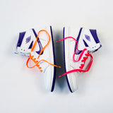Looped Laces Orange Blaze and Racer Pink flat shoelaces in Air Jordan 1 High Court Purple sneakers on white background