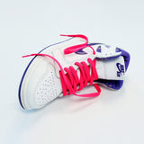 Looped Laces Racer Pink flat shoelaces in Air Jordan 1 High Court Purple sneaker on white background with close up on laces