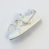Looped Laces Sail off-white aged cream flat shoelaces in Air Jordan 1 Low Neutral Grey sneaker on white background