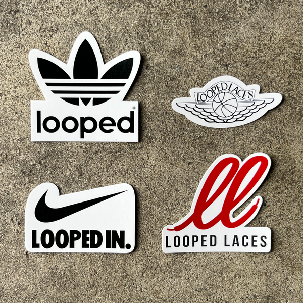 Looped Laces 4-pack sticker pack with Adidas, Air Jordan and Nike style stickers