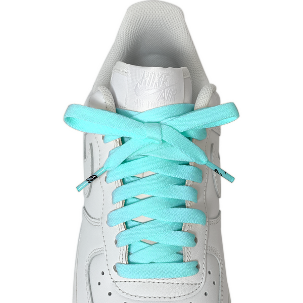 Looped Laces bight Aqua Blue flat shoelaces tied in white Nike Air Force 1 Low