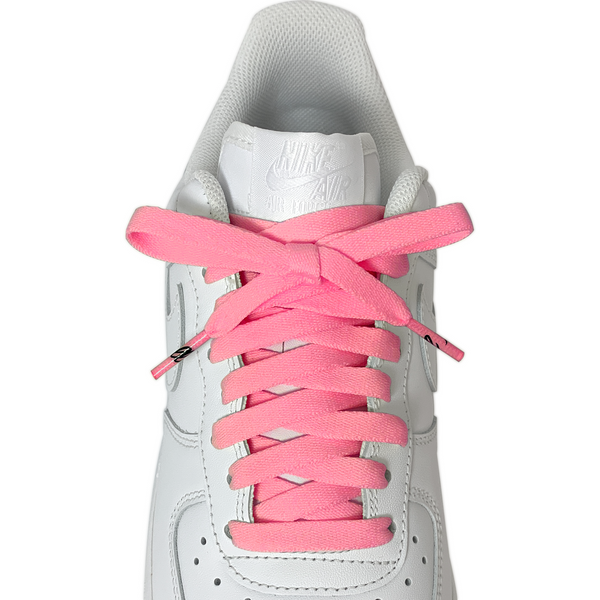 Looped Laces Bubblegum Pink light pink flat shoelaces tied in white Nike Air Force 1 Low