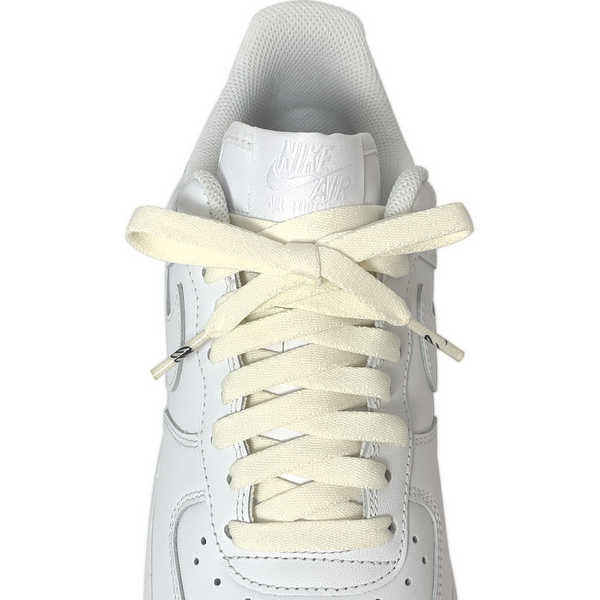 Looped Laces Vintage '85 cream flat shoelaces tied in white Nike Air Force 1 Low