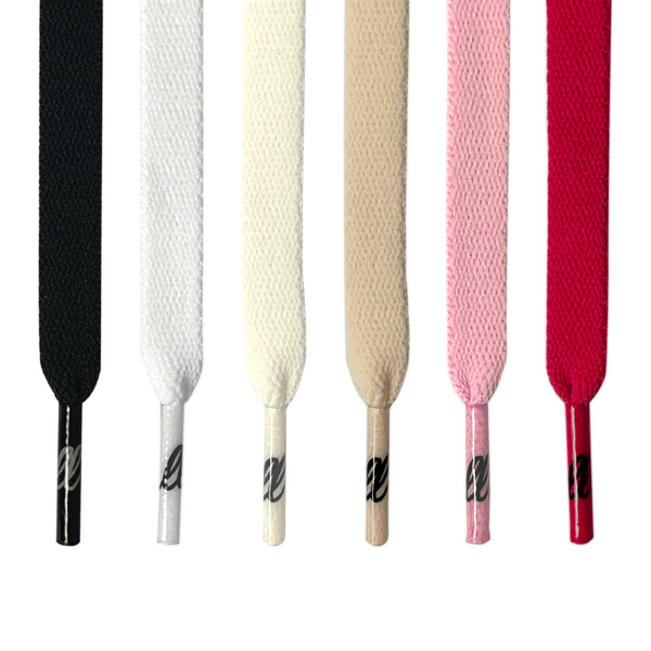 Looped Laces bundle with flat shoelaces hanging in color order: black, white, cream, light brown, light pink, red