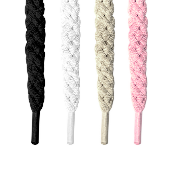 Looped Laces bundle with jumbo rope shoelaces hanging in color order: black, white, cream, light pink