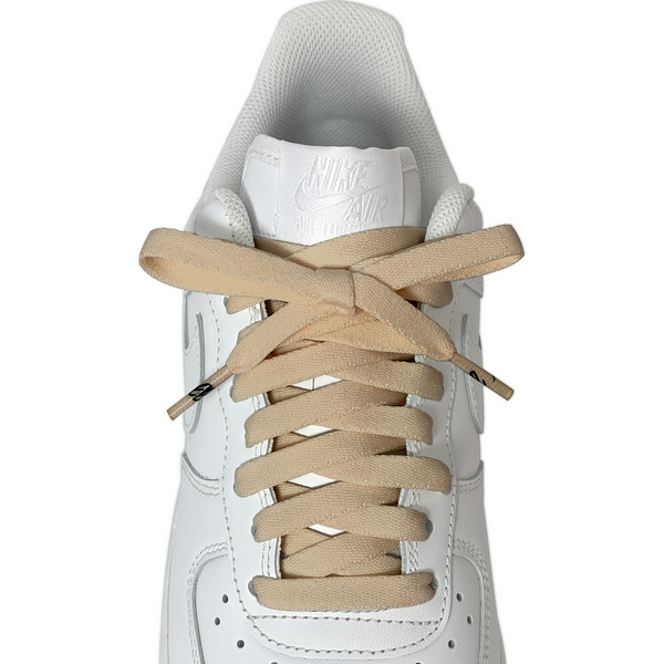 Looped Laces Latte light brown flat shoelaces tied in white Nike Air Force 1 Low