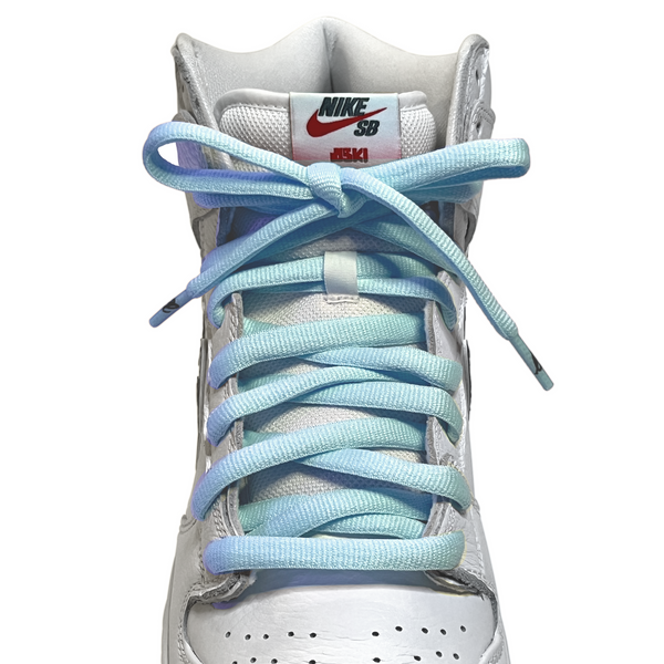  Looped Laces University Blue oval shoelaces tied in white Oski Nike SB Dunk High with shark swoosh