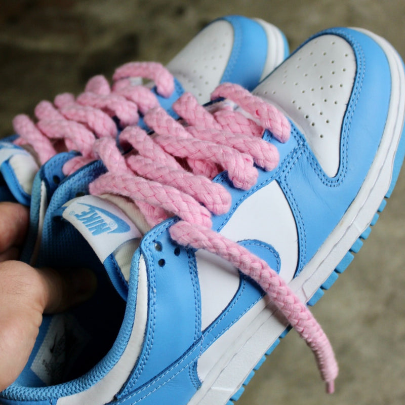 Looped Laces Light Pink Jumbo Rope shoelaces tied in Nike Dunk Polar Blue sneakers