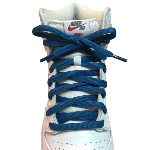  Looped Laces Royal Blue oval shoelaces tied in white Nike SB Dunk High with shark swoosh