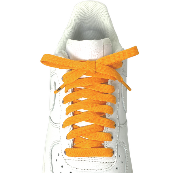 Looped Laces Union Gold bright orange flat shoelaces tied in white Nike Air Force 1 Low