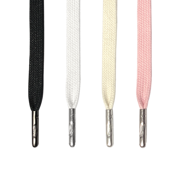 Looped Laces bundle with waxed shoelaces hanging in color order: black, white, cream, light pink with shiny metal aglets with LL