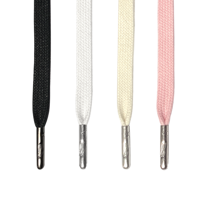 Looped Laces bundle with waxed shoelaces hanging in color order: black, white, cream, light pink with shiny metal aglets with LL