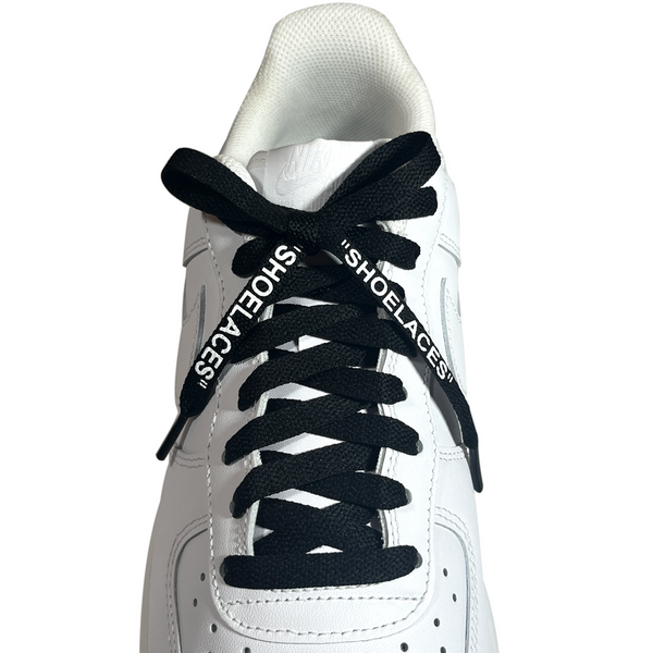 Looped Laces black flat shoelaces in quotes tied in white Nike Air Force 1 Low