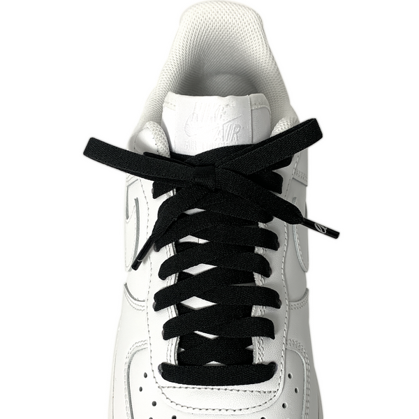 Looped Laces Noir black flat shoelaces tied in white Nike Air Force 1 Low