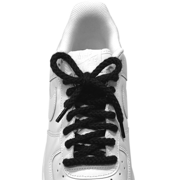 Looped Laces black thick braided rope shoelaces tied in white Nike Air Force 1 Low