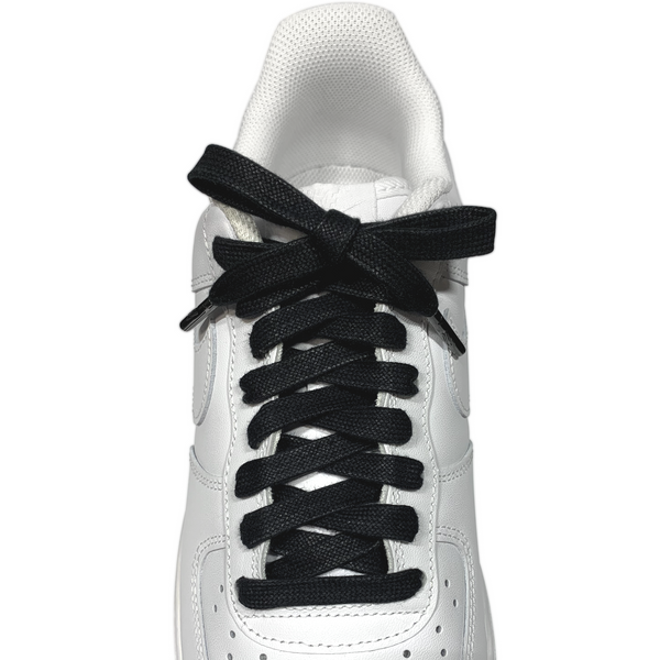 Looped Laces black waxed shoelaces tied in white Nike Air Force 1 sneaker