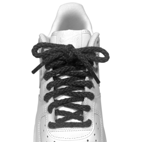 Looped Laces Charcoal Grey braided rope shoelaces tied in white Nike Air Force sneaker