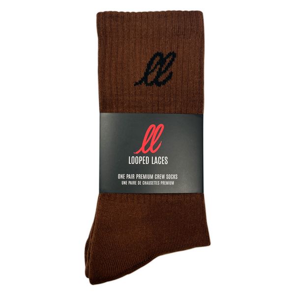 Looped Laces Cozy Cocoa chocolate brown Nike style crew socks in brand packaging