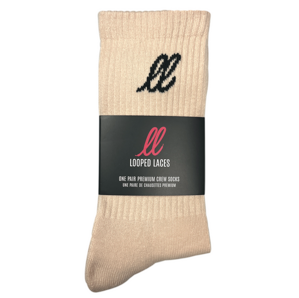Looped Laces Comfort Cream Nike style crew socks in brand packaging