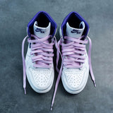 Looped Laces Taro Bubble Tea light lilac purple flat shoelaces in Air Jordan 1 Court Purple sneakers facing front