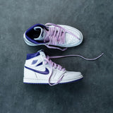 Looped Laces Taro Bubble Tea light lilac purple flat shoelaces in Air Jordan 1 Court Purple sneakers