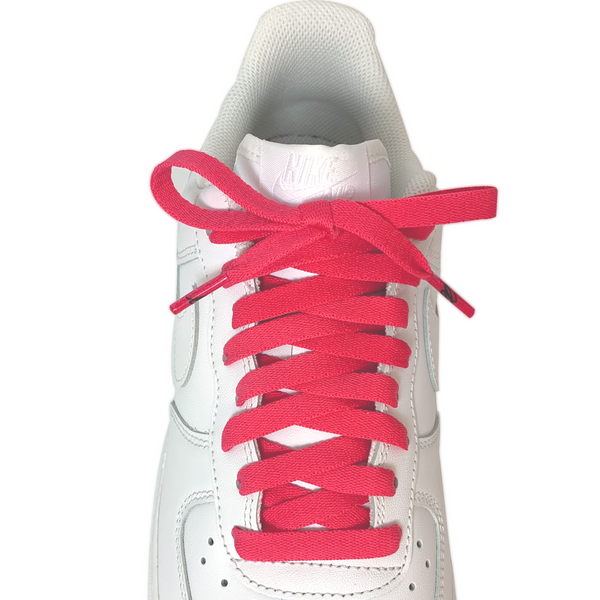 Looped Laces Racer Pink hot pink flat shoelaces tied in white Nike Air Force 1 Low