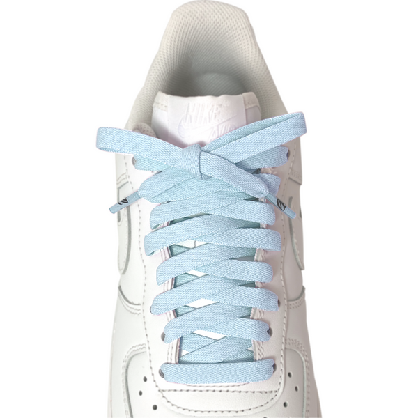 Looped Laces Chill Blue light baby blue flat shoelaces tied in white Nike Air Force 1 Low